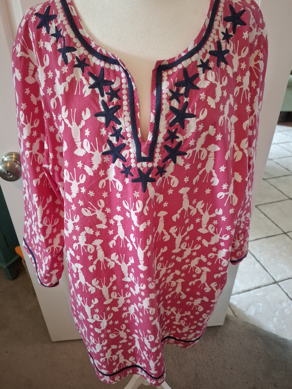 Talbots Pink Nautical Shell & Lobster Tunic with Navy Star Embroidery
